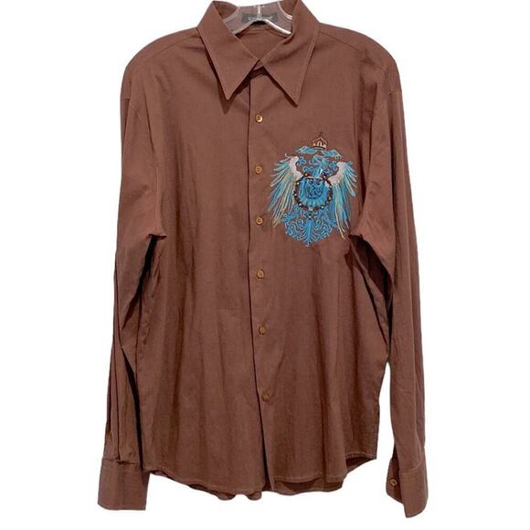 APRICOTTREE Men long sleeve shirt gorgeous blue and gold embroidery stretchy L - Picture 1 of 9